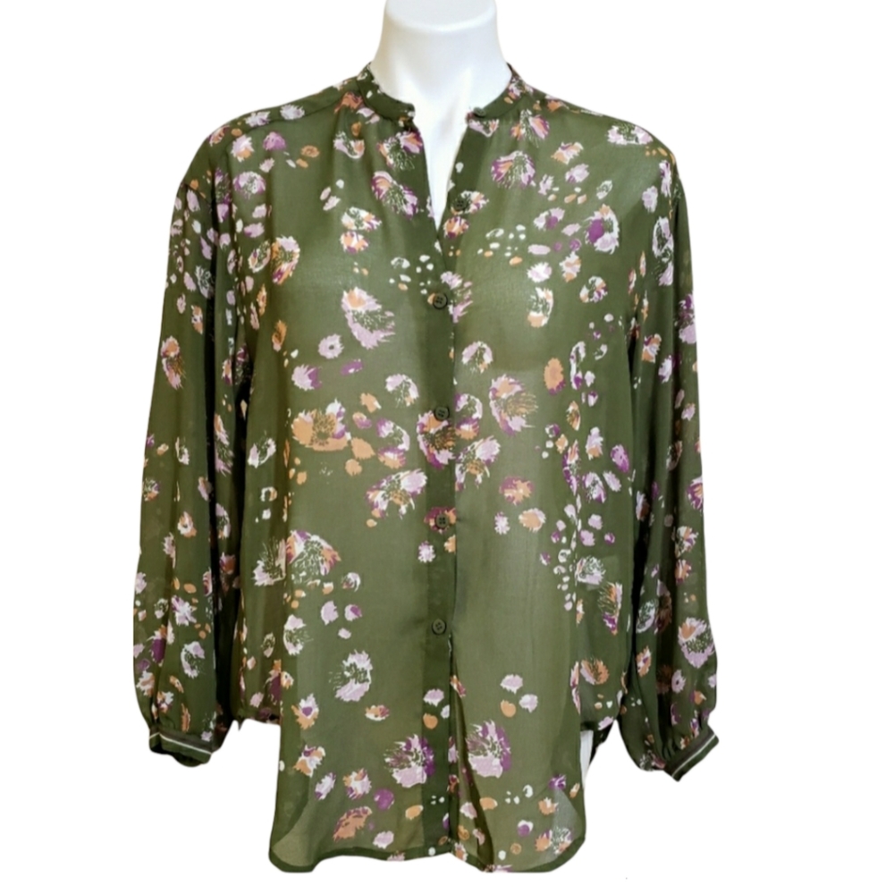 Max Studio Floral Sheer Blouse Size Small NWT Olive Green - Picture 1 of 8